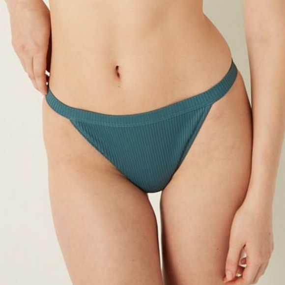 Victoria's Secret PINK Ribbed High Rise Bikini Bottoms String Blue Green Size L - Picture 6 of 7